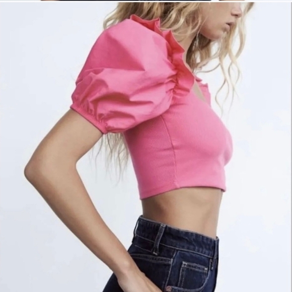 ZARA PUFF SLEEVES RIBBED CROPPED TOP HOT PINK SIZE LARGE - Picture 2 of 10